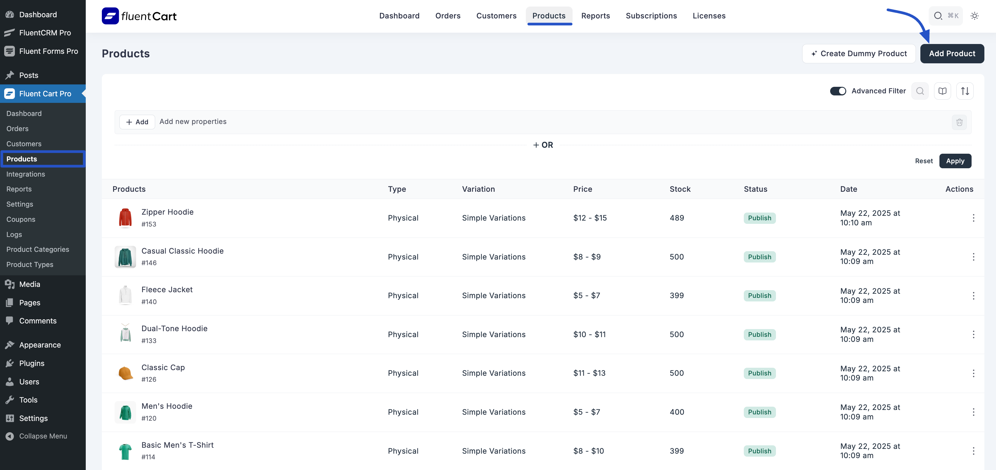 Screenshot of Add Product Button
