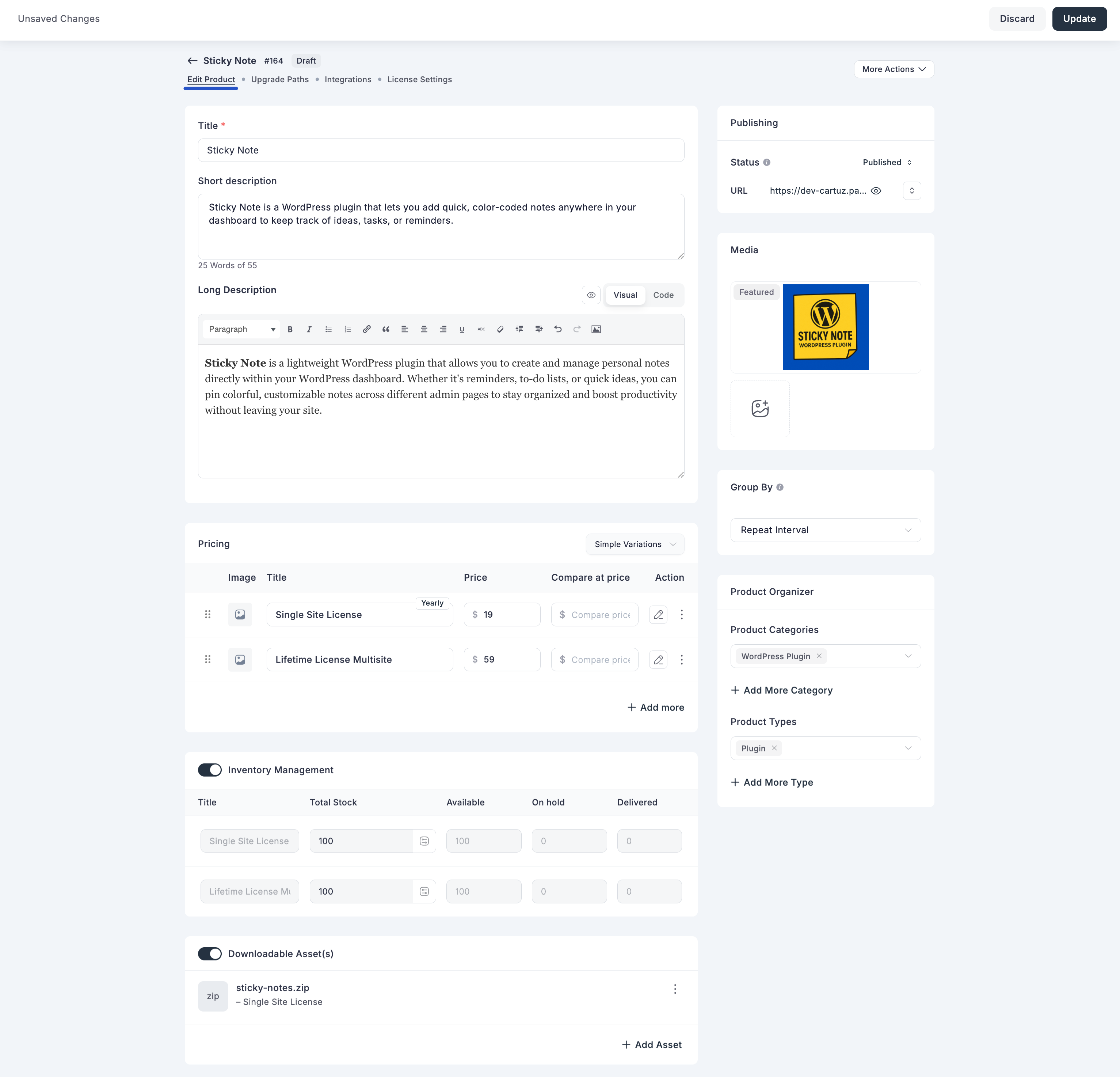 Screenshot of Product Edit Screen (Digital Product Example)