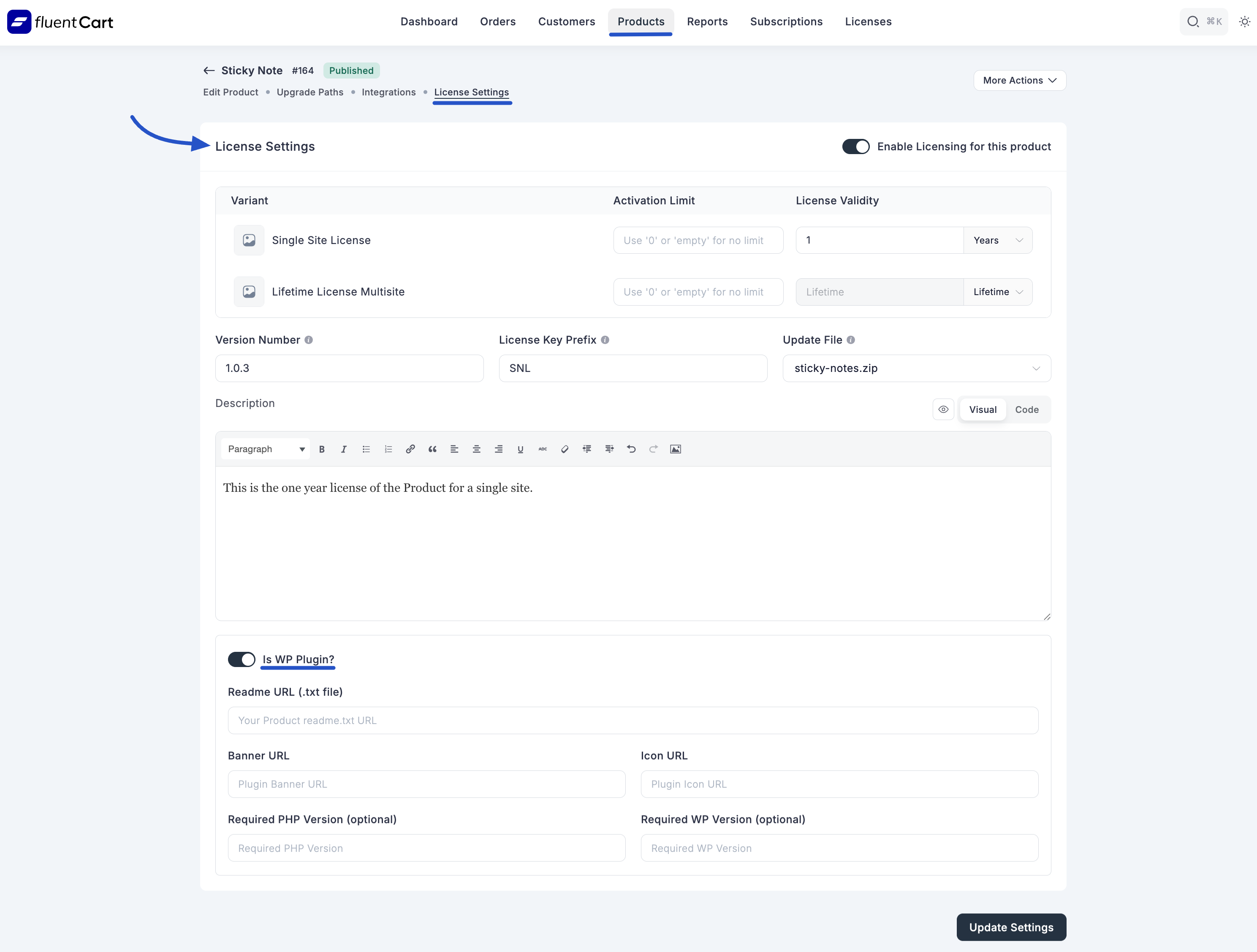 Screenshot of Product License Settings Tab