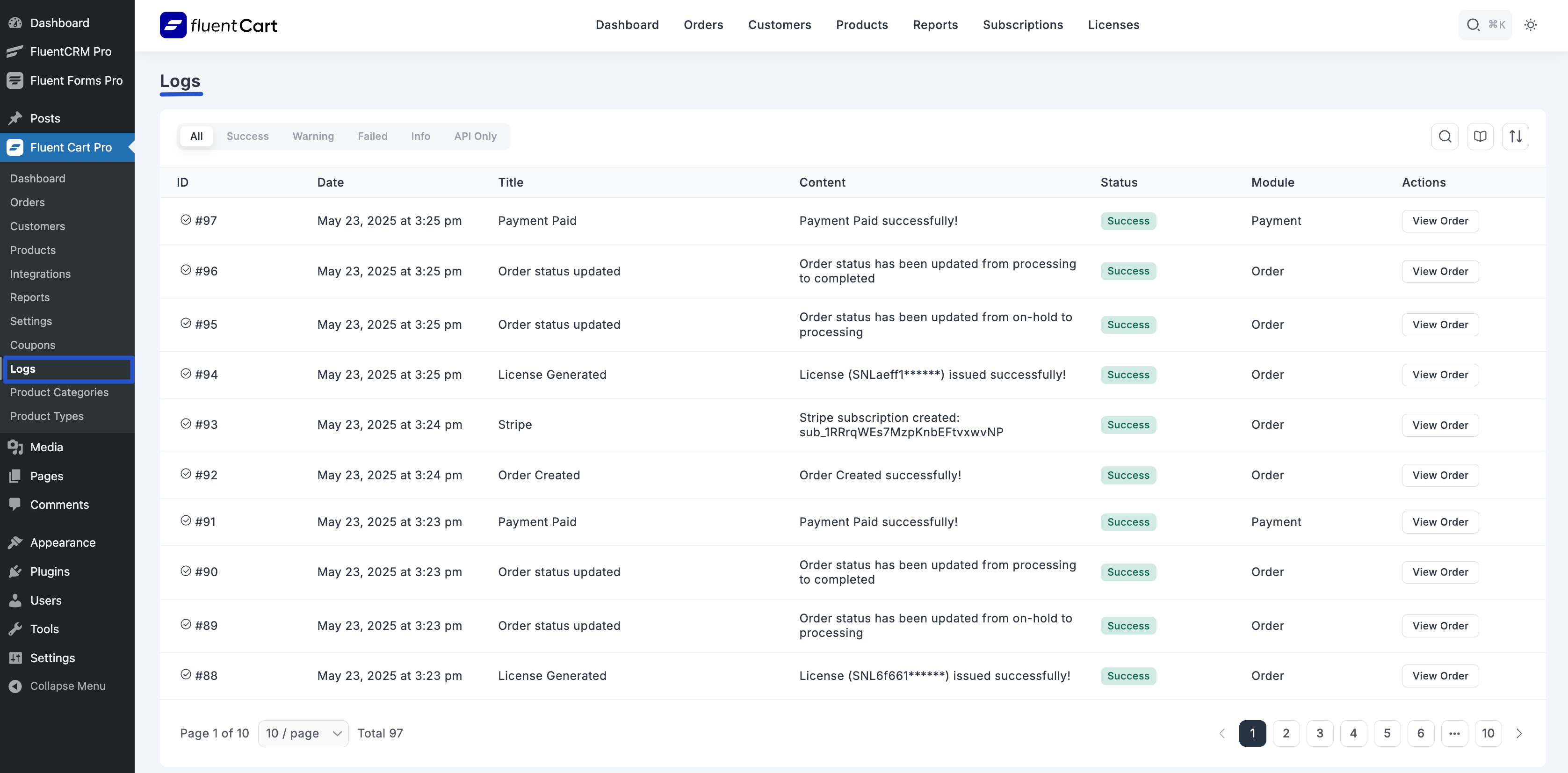 Screenshot of Logs List Page
