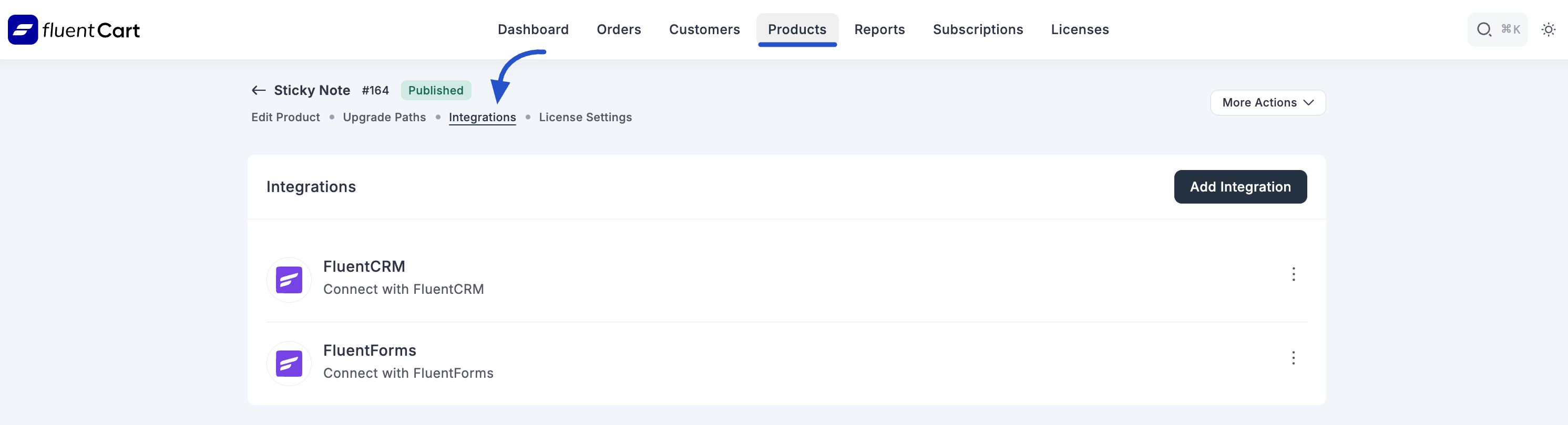 Screenshot of Product Integrations Tab