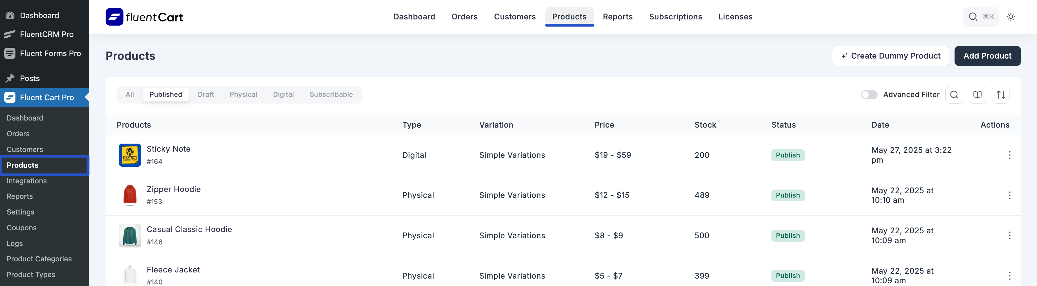 Screenshot of Products List Page