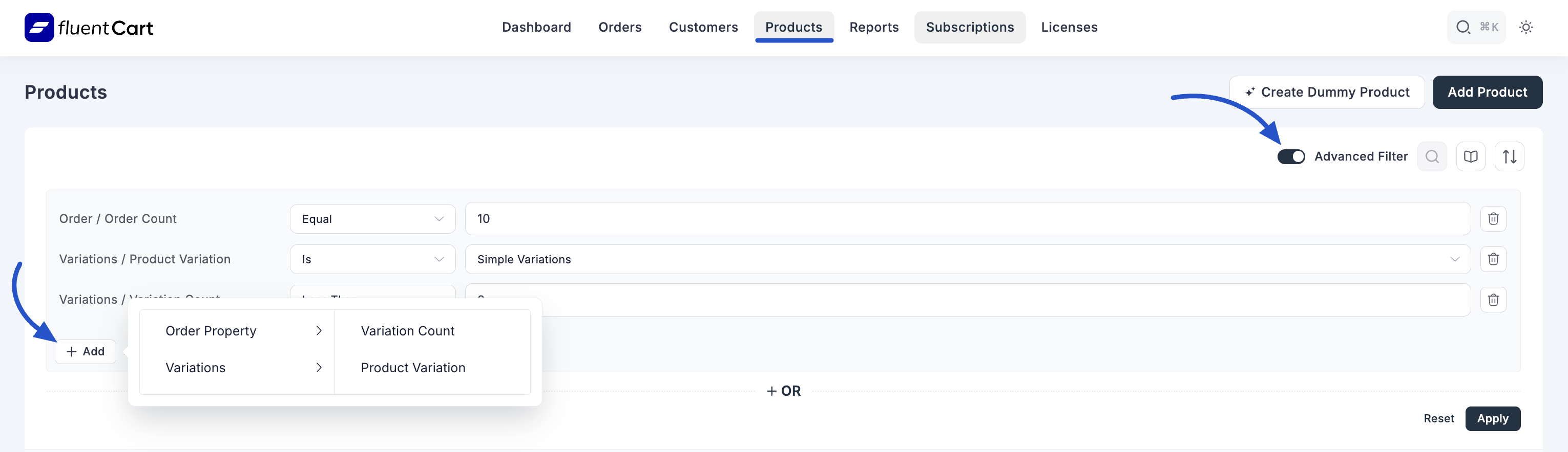 Screenshot of Product Advanced Filter Button