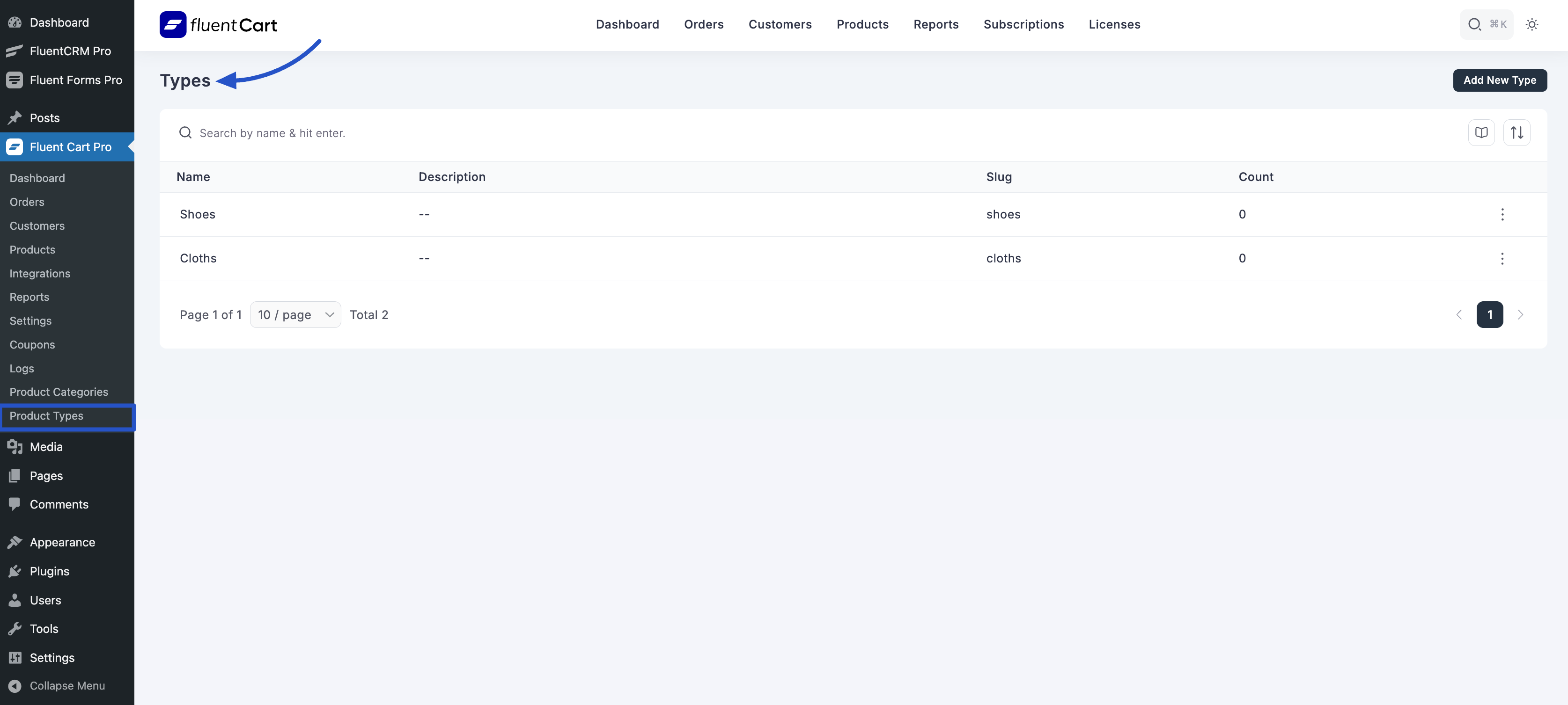 Screenshot of Product Types List Page