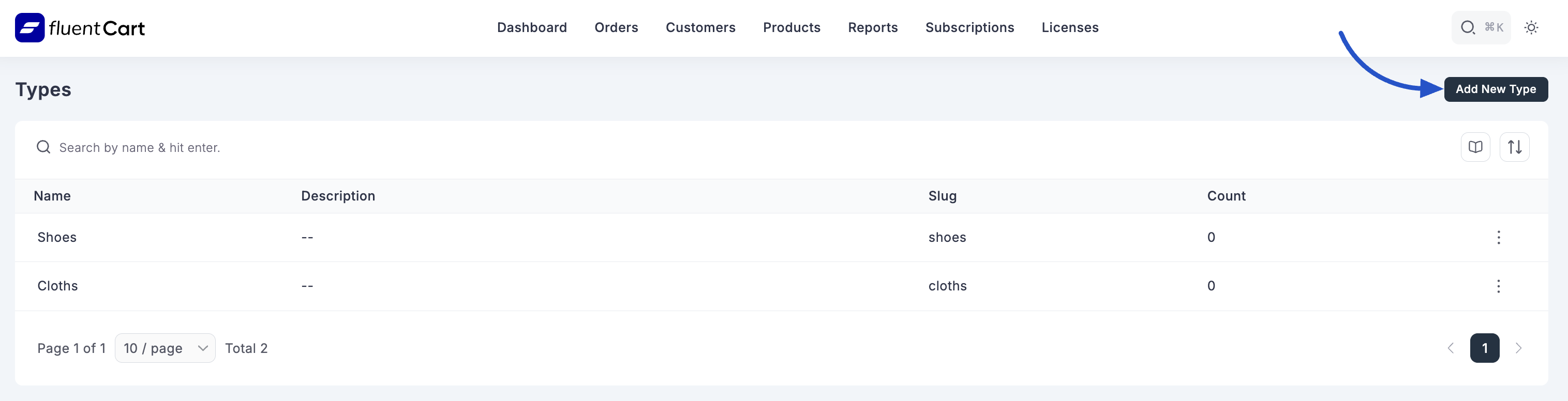 Screenshot of Add New Type Button