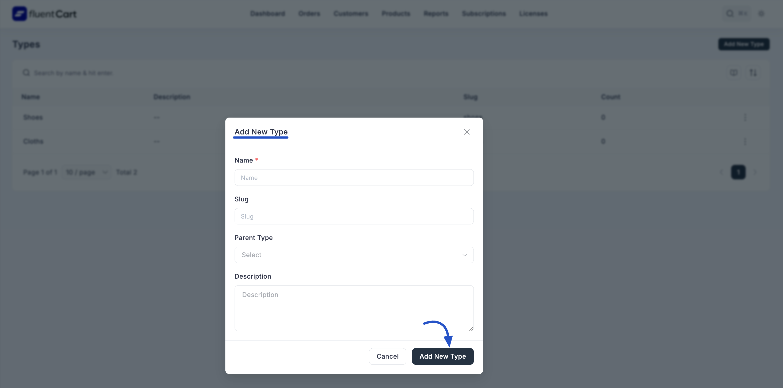 Screenshot of Add New Type Modal