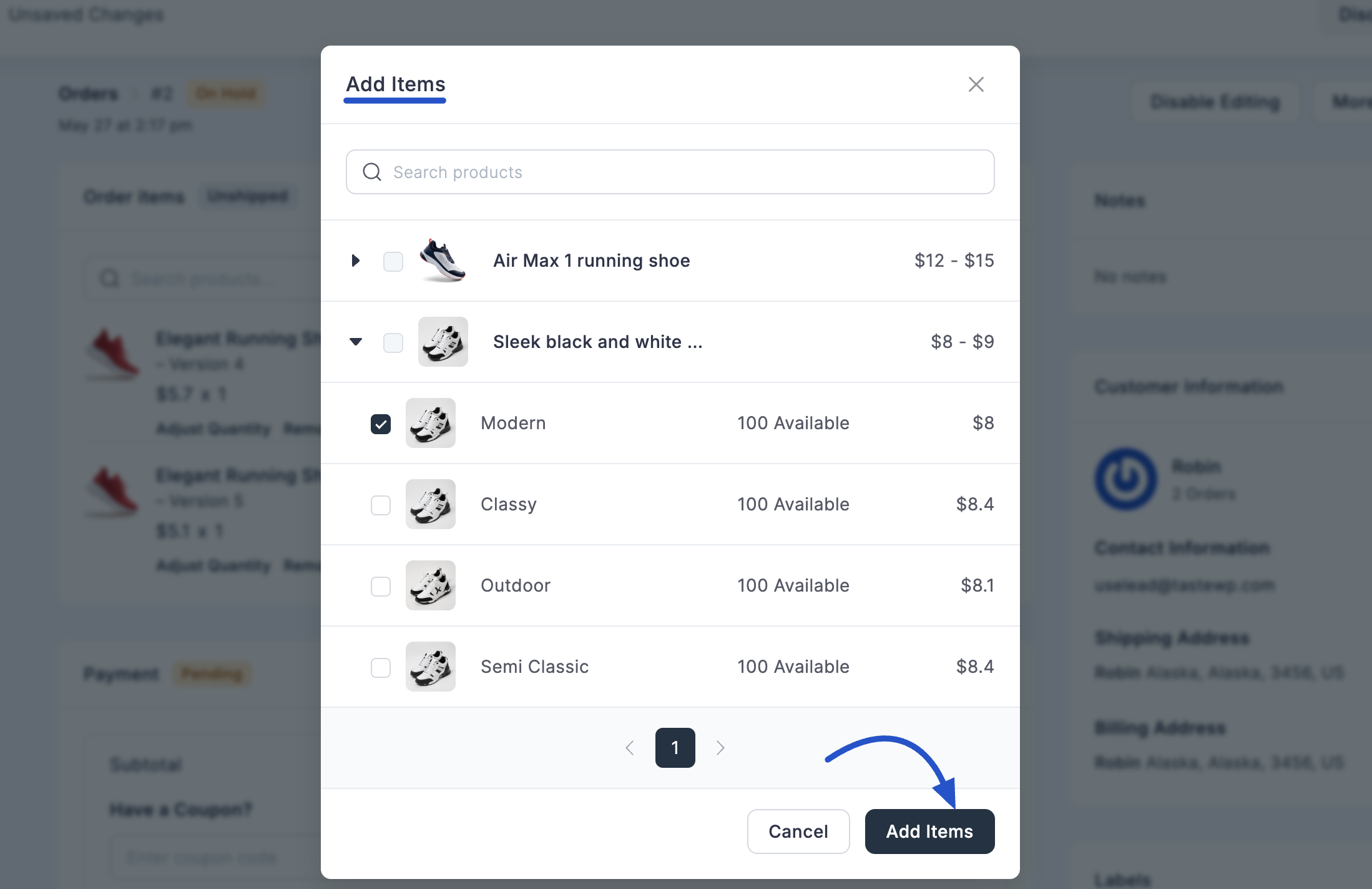 Screenshot of Add Items Modal