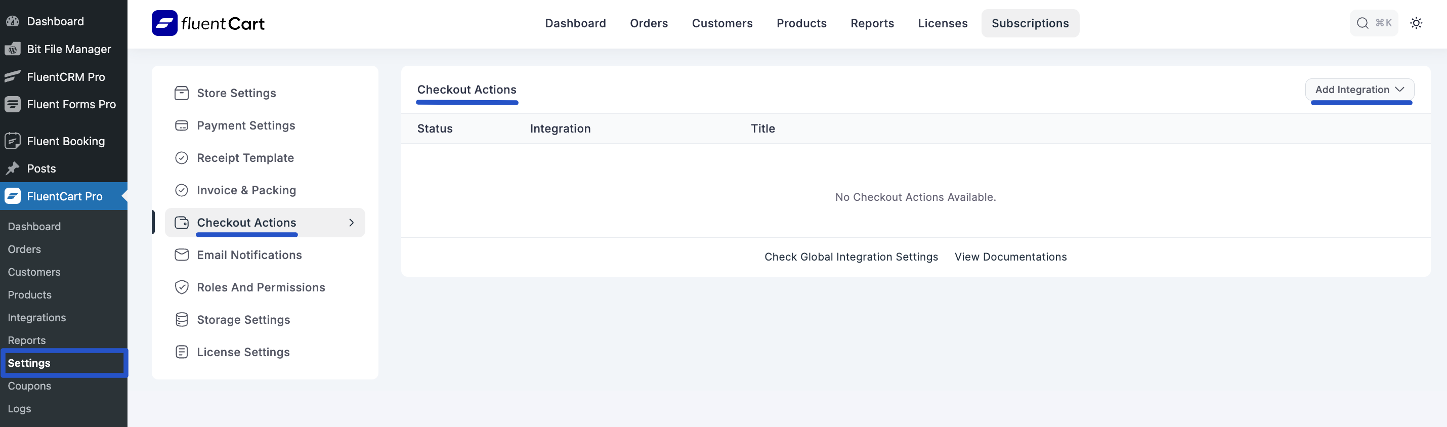 Screenshot of Checkout Actions Tab