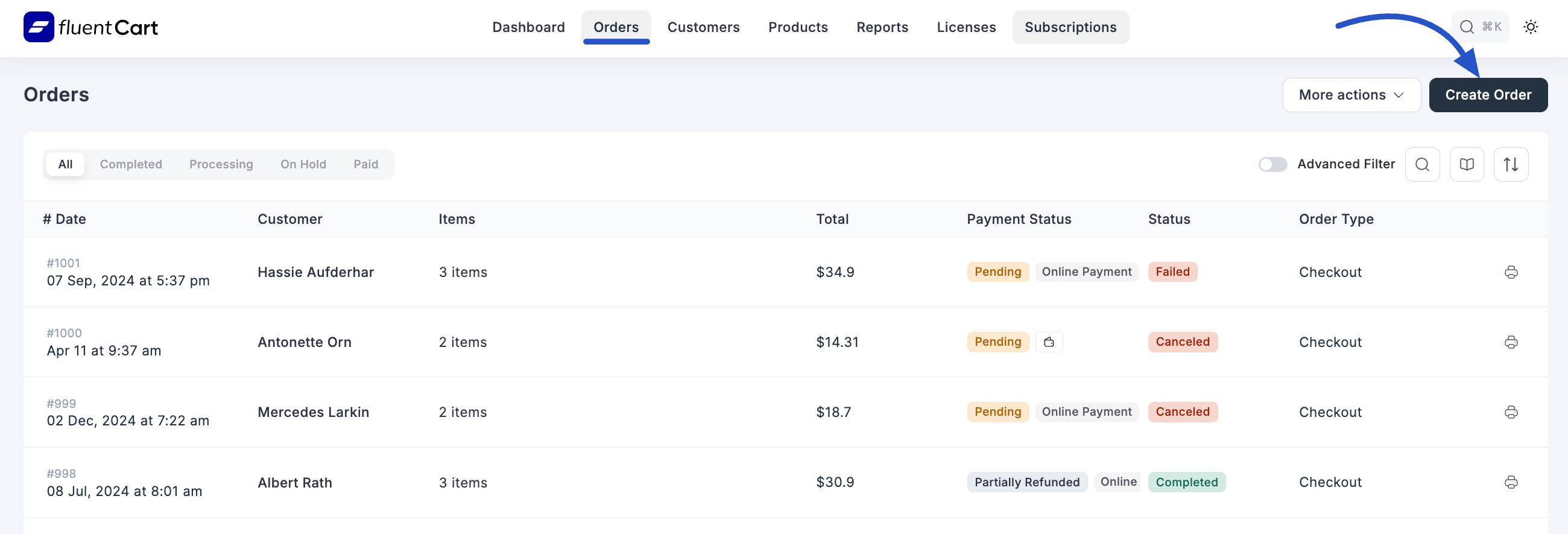 Screenshot of Create Order Button