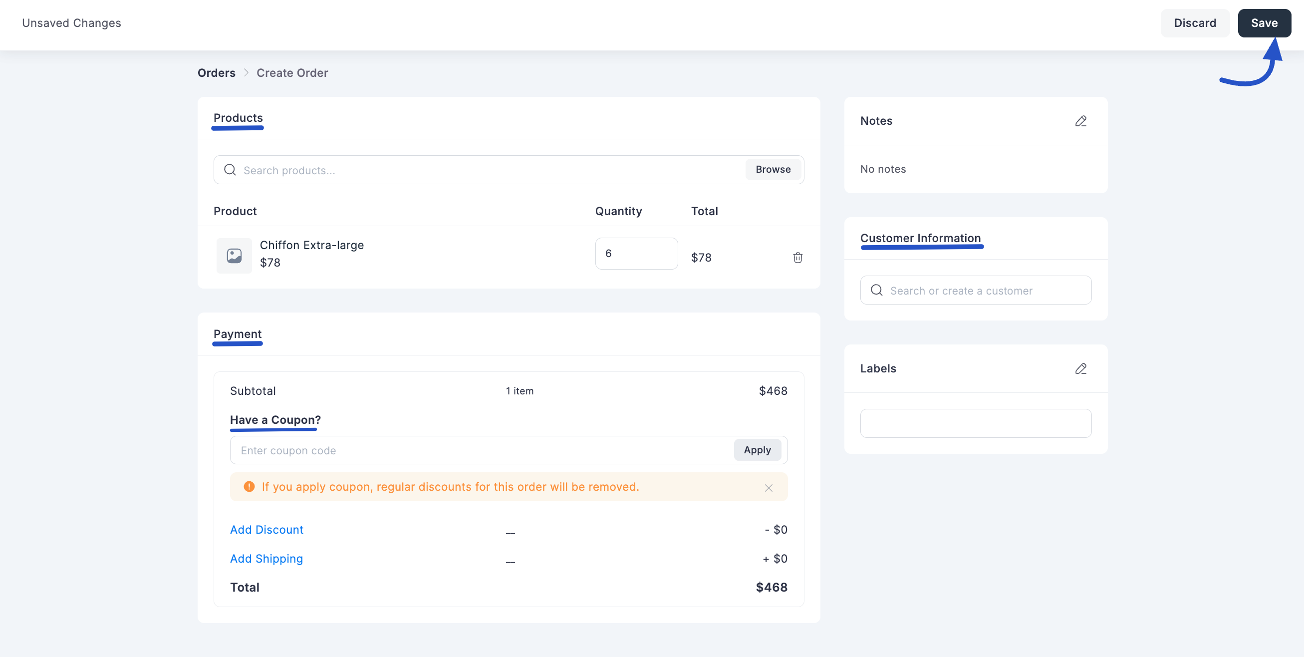 Screenshot of Create Order Button