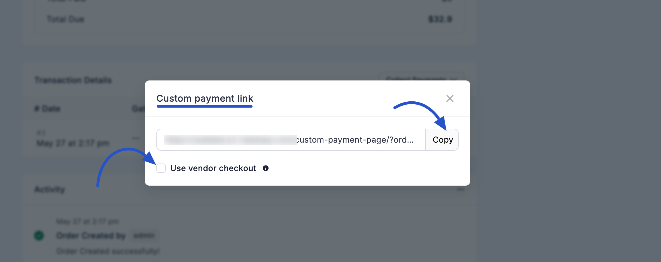 Screenshot of Custom Payment Link Modal