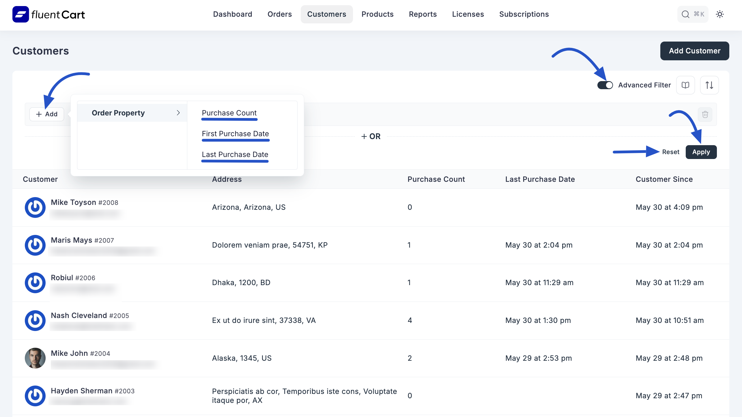 Screenshot of Advanced Filter Button