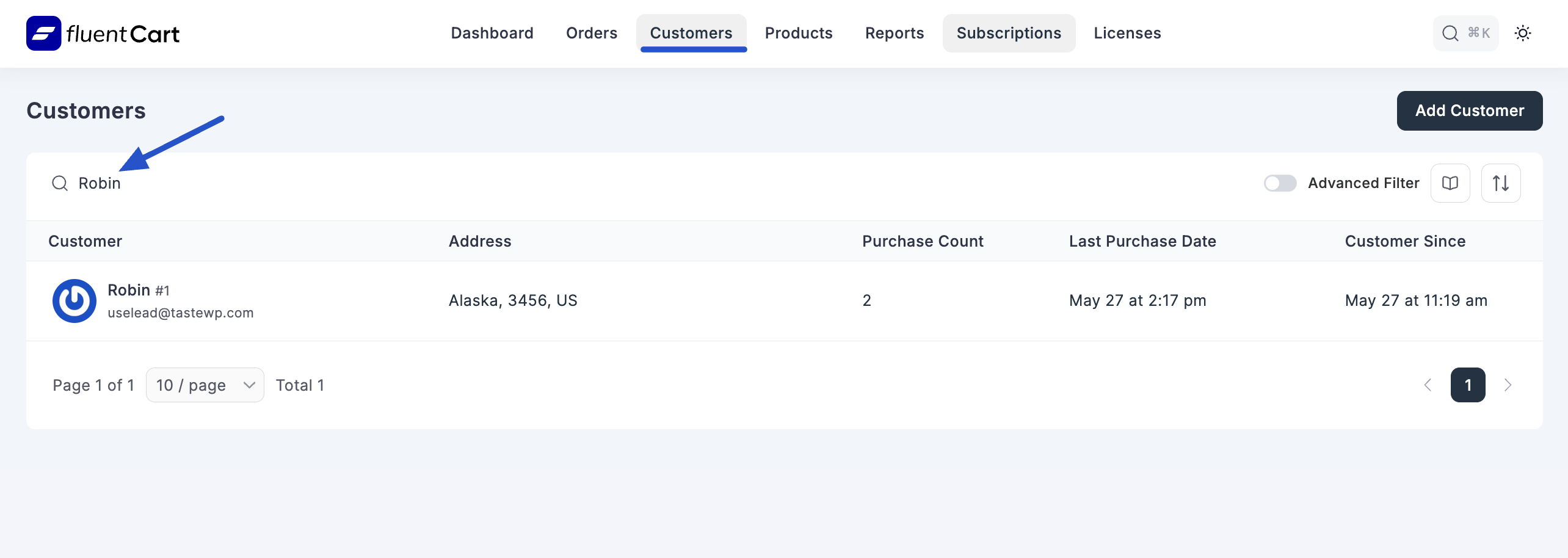 Screenshot of Customer Search Bar
