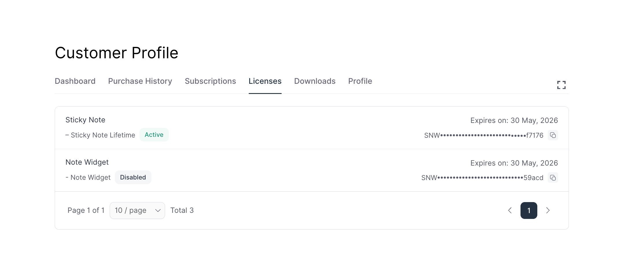 Screenshot of Licenses