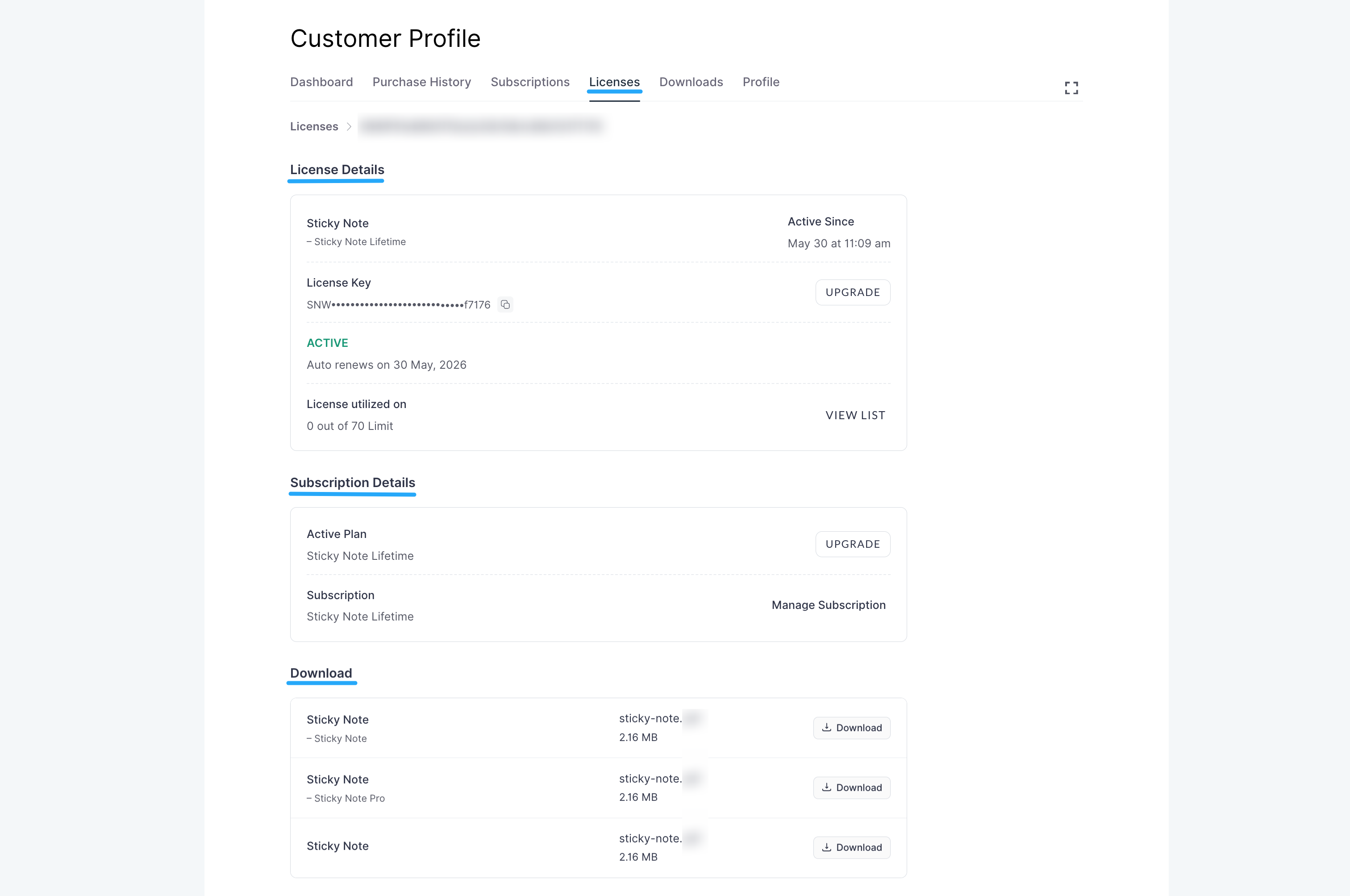 Screenshot of Licenses