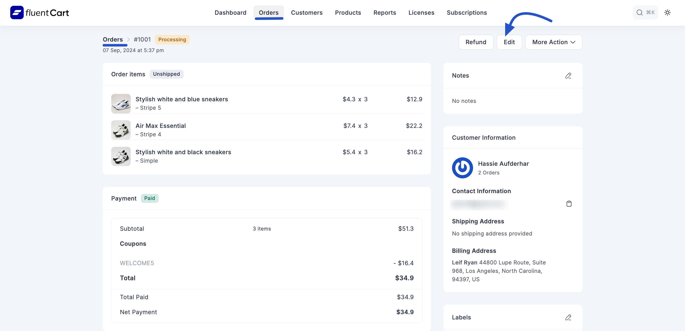 Screenshot of Order Details with Edit Button