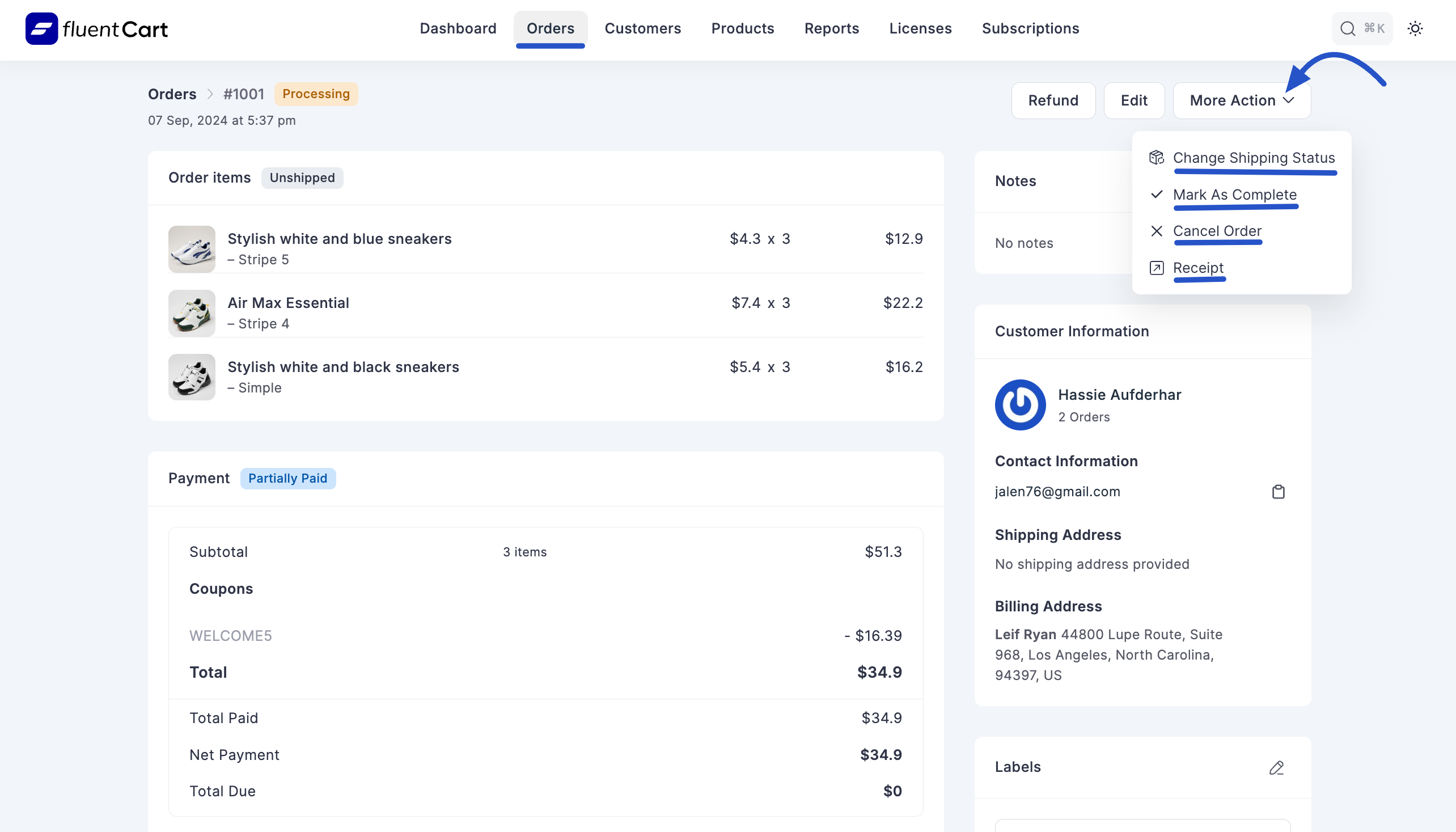 Screenshot of More Actions Dropdown