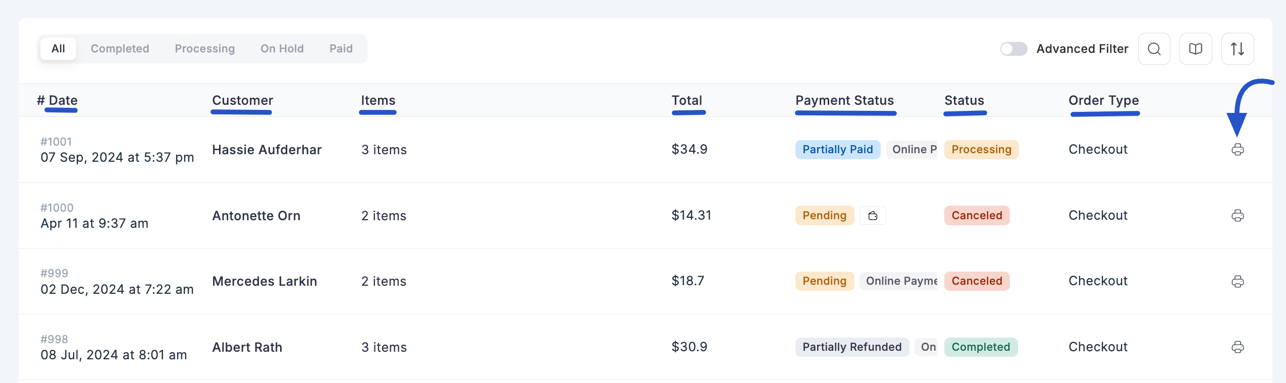 Screenshot of Orders List Page