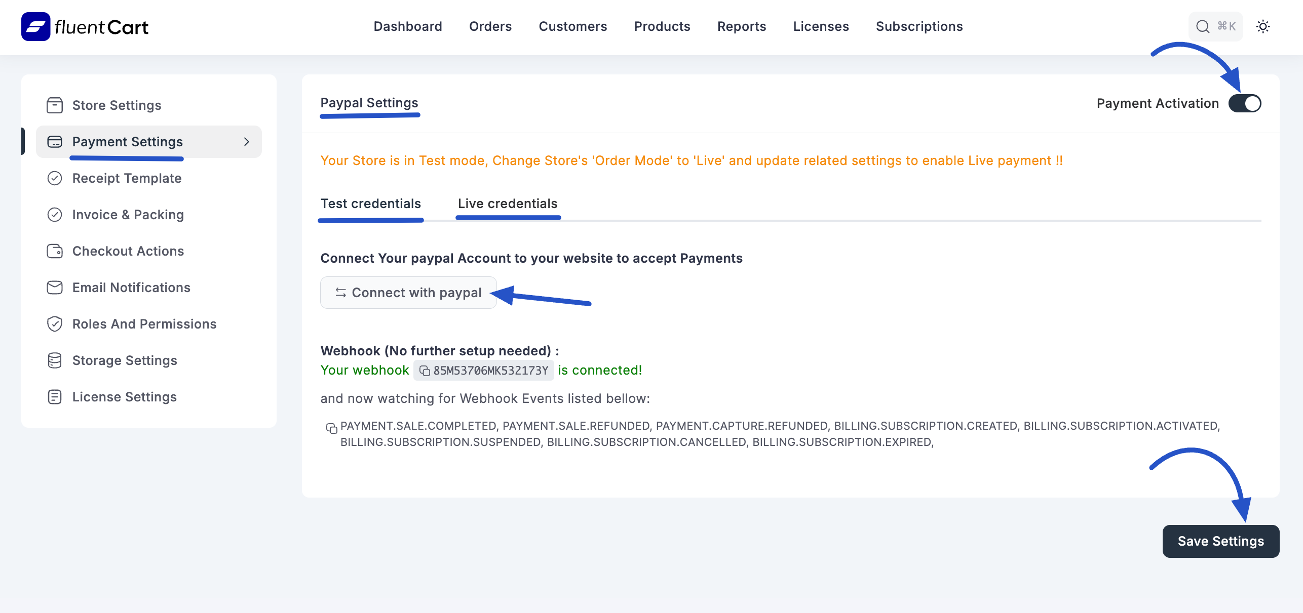 Screenshot of PayPal Settings Page