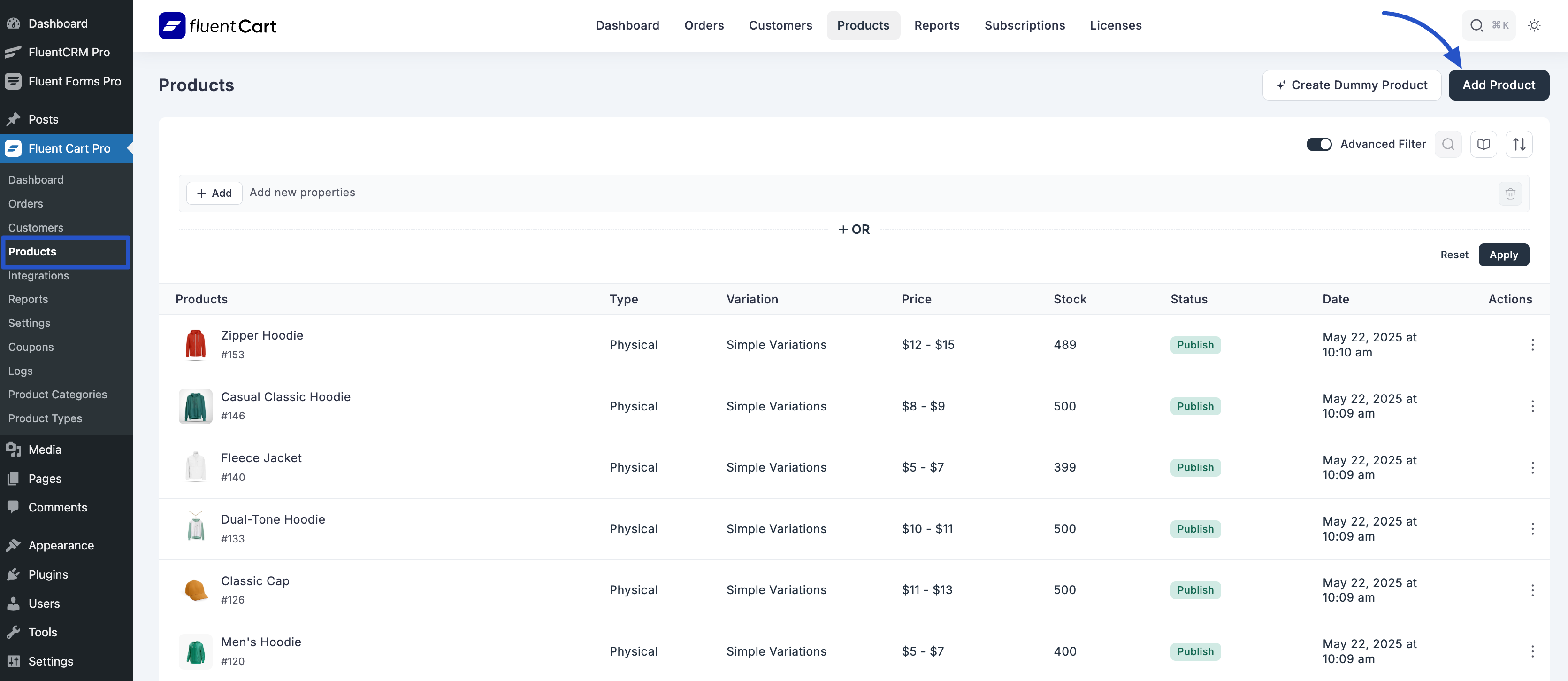 Screenshot of Add Product Button