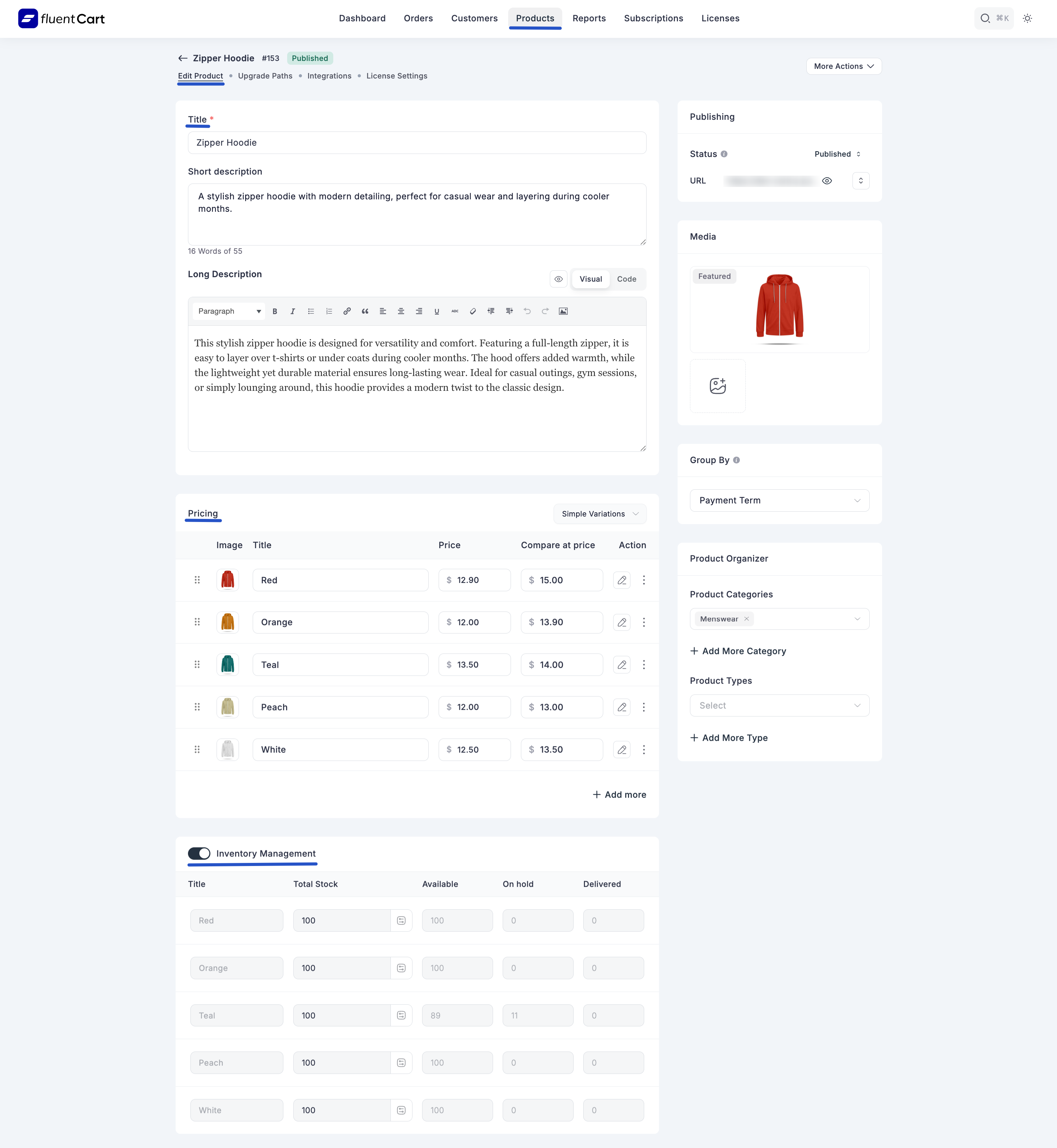 Screenshot of Product Edit Screen (Physical Product Example)