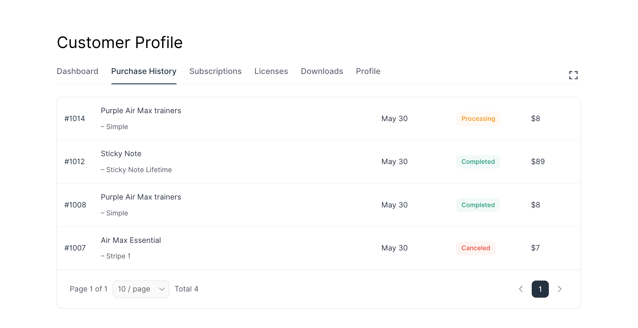 Screenshot of Purchase History