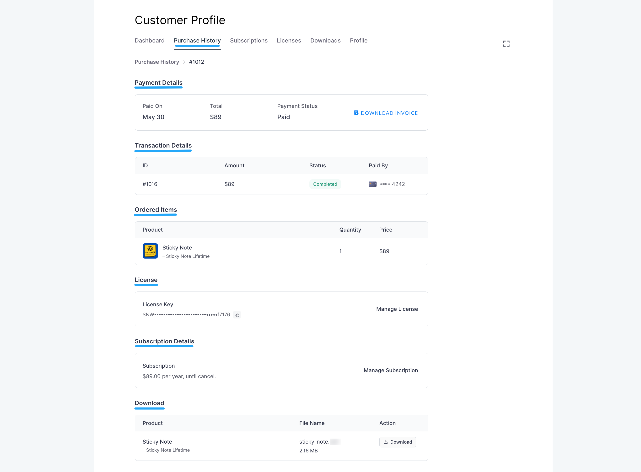 Screenshot of Purchase History