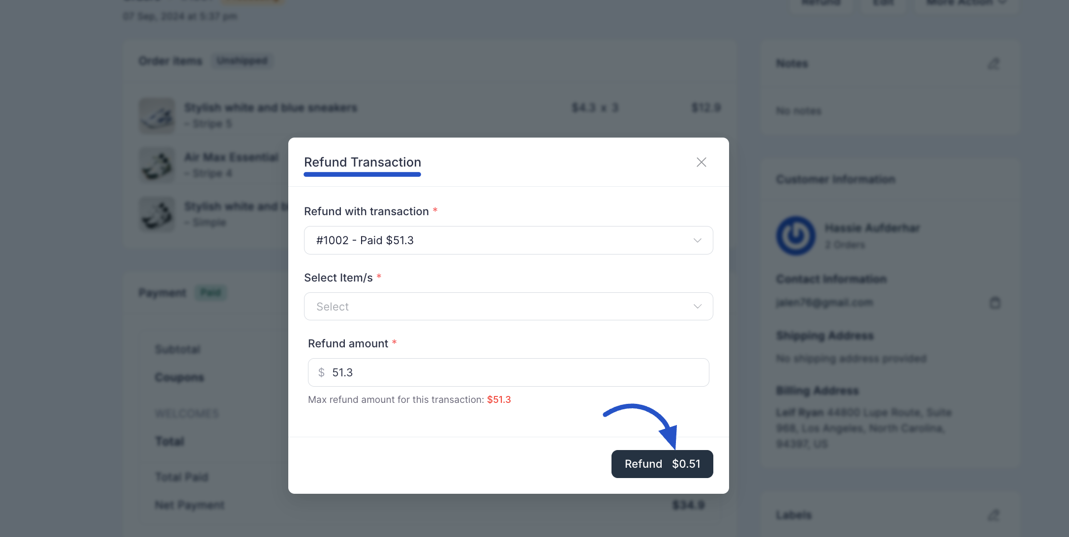 Screenshot of Refund Payment Modal