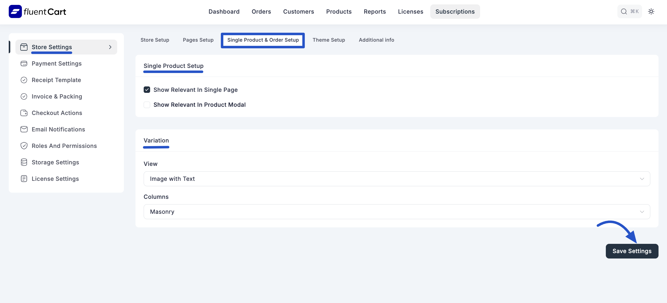 Screenshot of Single Product & Order Setup Tab