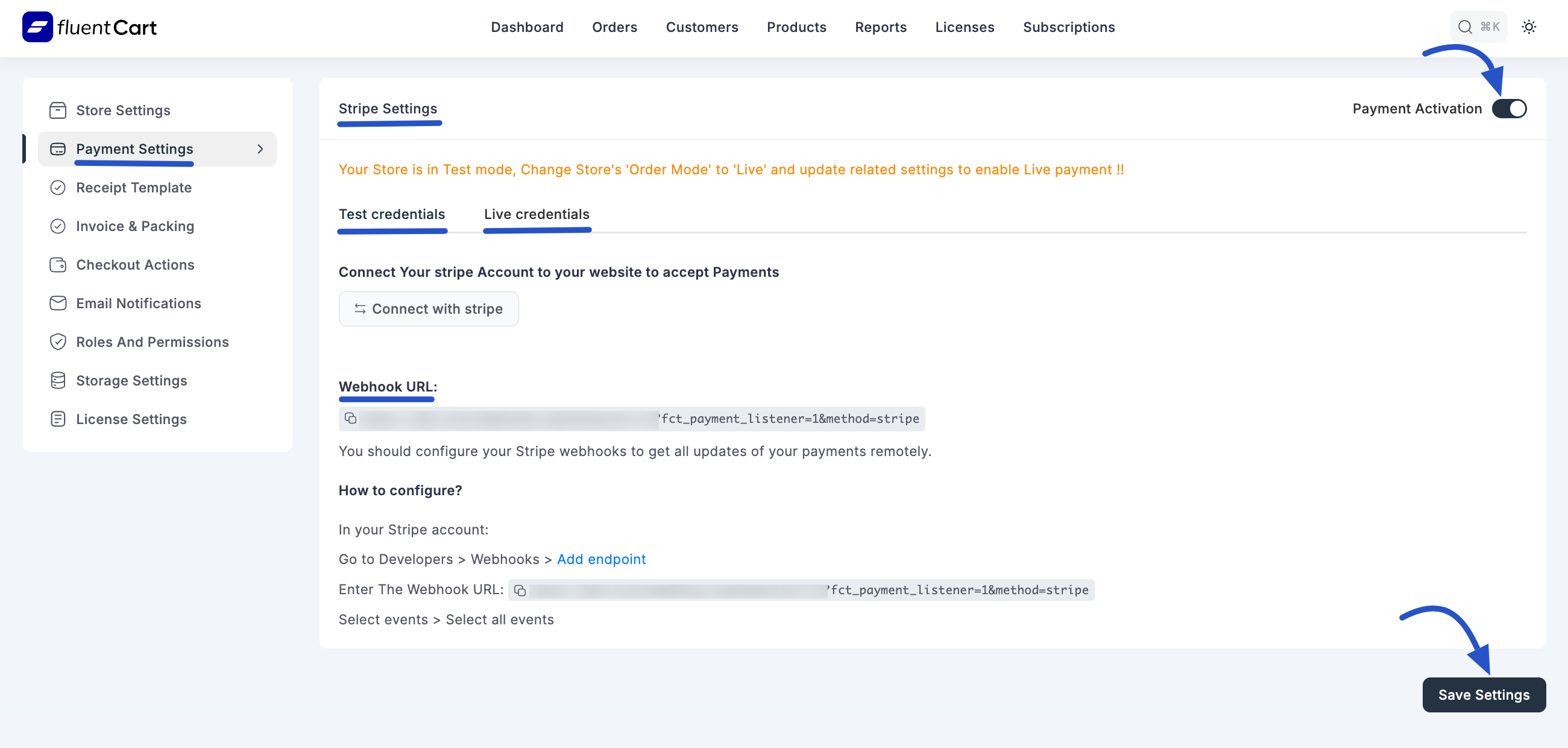 Screenshot of Stripe Settings Page