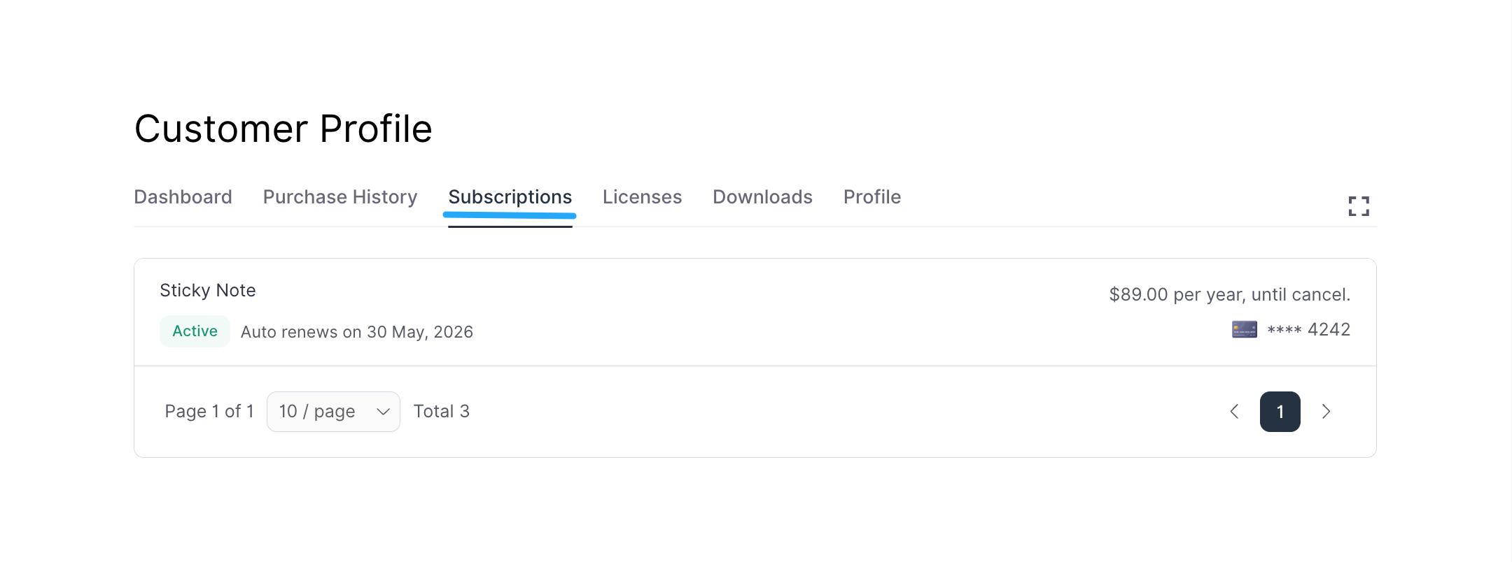 Screenshot of Subscription