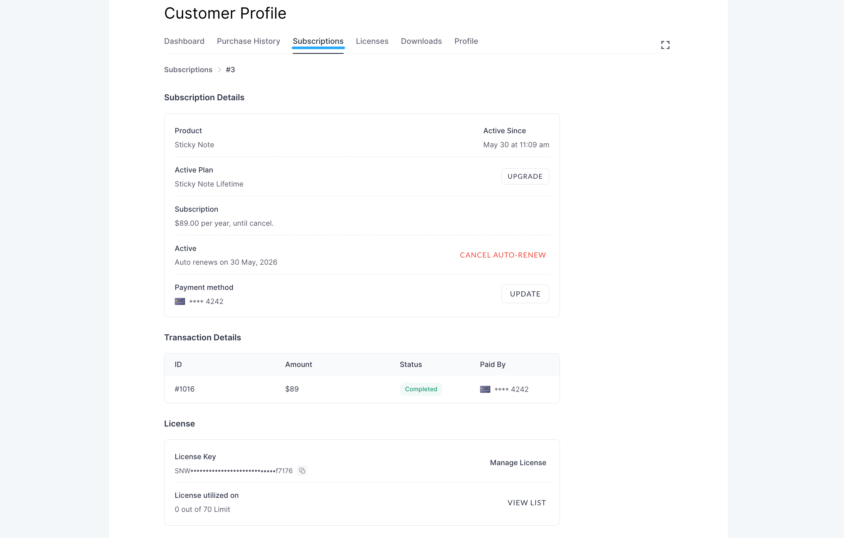Screenshot of Subscription